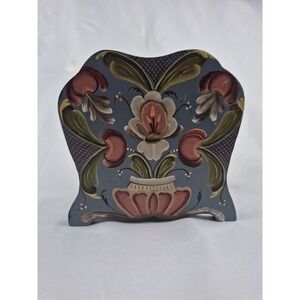 Signed C Ystad 1989 Hand Painted Rosemaling Wooden Napkin Letter Holder Folk Art